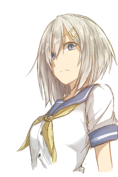 Anime picture 1084x1625 with kantai collection hamakaze destroyer tsukamoto minori single tall image looking at viewer short hair blue eyes simple background white background silver hair from below girl uniform hair ornament serafuku hairclip