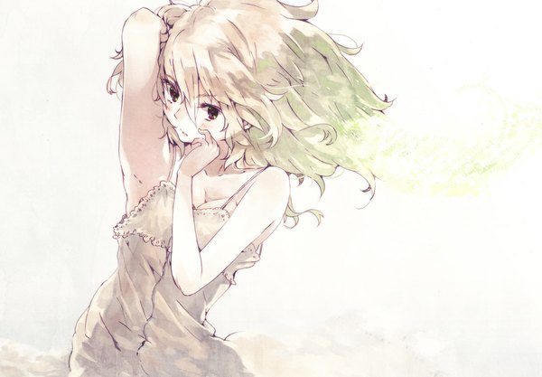 Anime picture 1081x753 with original hrd single long hair blush simple background blonde hair bare shoulders armpit (armpits) arms behind head hand on face multicolored eyes girl sundress