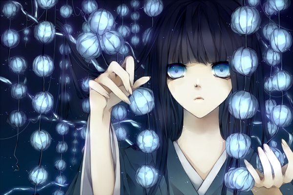 Anime picture 900x600 with original matsunaka hiro single long hair looking at viewer blue eyes black hair traditional clothes japanese clothes night sparkle girl kimono