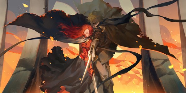 Anime picture 2000x1000 with original pixiv fantasia pixiv fantasia fallen kings coralstone long hair looking at viewer highres short hair blonde hair red eyes wide image red hair wind girl boy skirt gloves weapon sword scarf