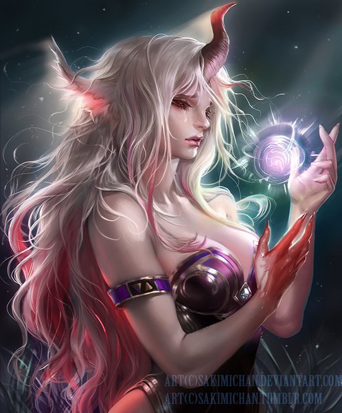 Anime picture 830x1000 with original sakimichan single long hair tall image fringe breasts simple background bare shoulders animal ears looking away pink hair cleavage upper body white hair parted lips multicolored hair horn (horns) lips realistic