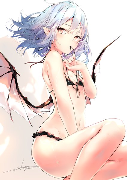 Anime picture 1013x1433 with touhou remilia scarlet sakusyo single tall image looking at viewer blush fringe short hair breasts light erotic simple background hair between eyes sitting holding signed yellow eyes blue hair bent knee (knees) pointy ears