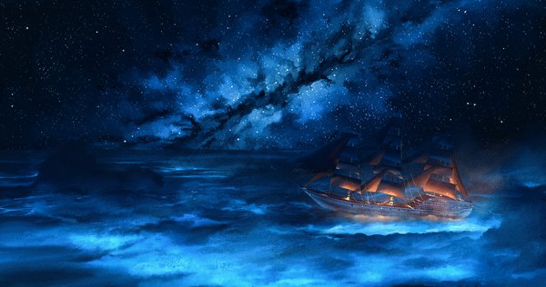 Anime picture 4096x2160 with original wsxmax highres wide image absurdres cloud (clouds) outdoors night night sky horizon no people scenic milky way sea star (stars) watercraft ship