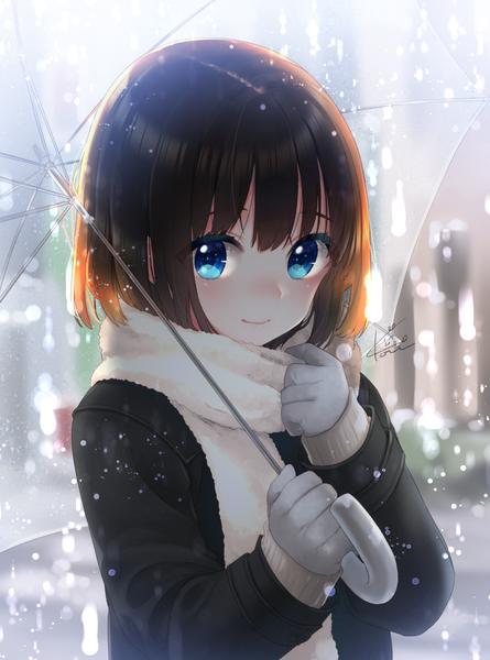 Anime picture 1000x1348 with original koruri single tall image looking at viewer blush fringe short hair blue eyes hair between eyes brown hair holding signed upper body outdoors adjusting clothes transparent umbrella girl gloves jacket