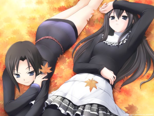 Anime picture 1600x1200 with garden (galge) cuffs (studio) kasuga nadeshiko kasuga sakurako long hair short hair blue eyes black hair multiple girls lying black eyes on stomach girl skirt 2 girls leaf (leaves)