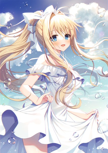 Anime picture 850x1200 with air key (studio) kamio misuzu mauve single long hair tall image blush open mouth blue eyes blonde hair sky cloud (clouds) outdoors ponytail :d girl dress bow hair bow