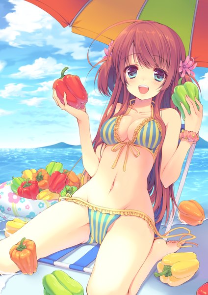 Anime picture 707x1000 with original moe2014 reia single long hair tall image looking at viewer blush breasts open mouth blue eyes light erotic brown hair sky cloud (clouds) two side up girl navel swimsuit bikini