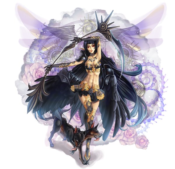 Anime picture 1400x1353 with original okuma mai single long hair black hair red eyes pointy ears midriff girl gloves navel weapon animal wings elbow gloves dog scythe