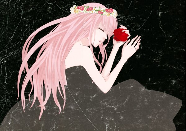 Anime picture 3436x2428 with vocaloid just be friends (vocaloid) megurine luka single long hair highres simple background pink hair absurdres eyes closed black background girl dress flower (flowers) rose (roses) wreath