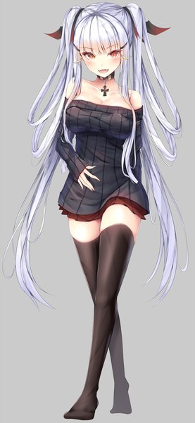 Anime picture 661x1432 with original kiseno single tall image looking at viewer blush fringe breasts open mouth simple background hair between eyes red eyes standing twintails bare shoulders payot cleavage silver hair full body long sleeves