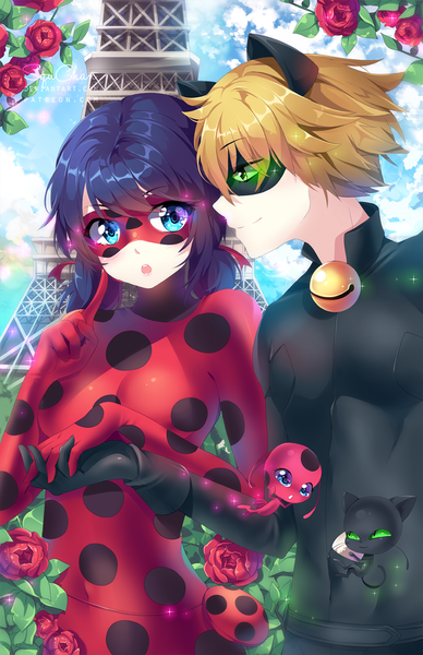 Anime picture 809x1250 with miraculous ladybug marinette cheng adrien agreste ladybug (character) chat noir squchan long hair tall image looking at viewer short hair open mouth blue eyes black hair blonde hair smile twintails green eyes signed animal ears looking away