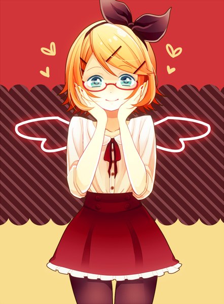 Anime picture 650x882 with vocaloid kagamine rin nokuhashi single tall image short hair blonde hair smile standing nail polish aqua eyes looking down happy hands on face fake wings girl skirt bow hair bow pantyhose