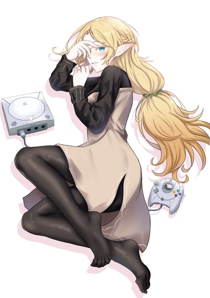 Anime picture 6436x9109 with isekai ojisan sega sui (isekai ojisan) q t (pixiv) single long hair tall image highres blue eyes simple background blonde hair white background absurdres full body lying pointy ears no shoes on side low ponytail elf