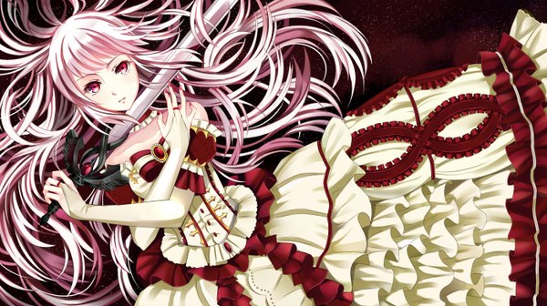 Anime picture 1400x786 with original yuna (rutera) long hair red eyes wide image bare shoulders pink hair nail polish girl dress sword