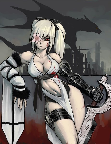 Anime picture 925x1200 with drakengard drag-on dragoon 3 zero (drag-on dragoon) luigiix single long hair tall image looking at viewer blush fringe breasts light erotic red eyes large breasts cleavage silver hair parted lips arm support thighs fantasy