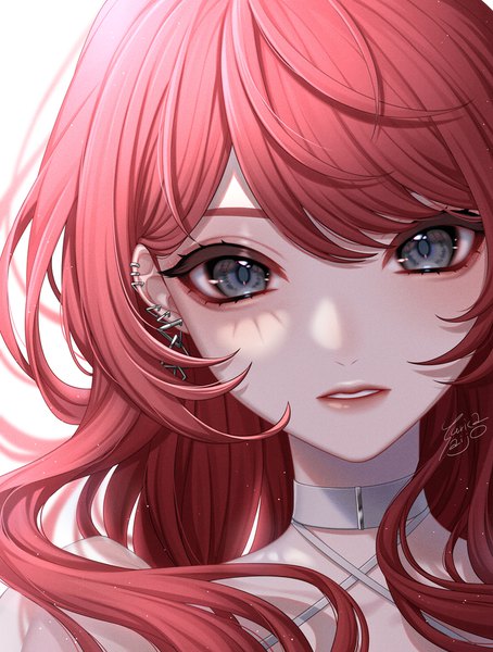 Anime picture 757x1000 with original ca yu single long hair tall image looking at viewer upper body red hair parted lips grey eyes piercing ear piercing face girl navel earrings triangle earrings