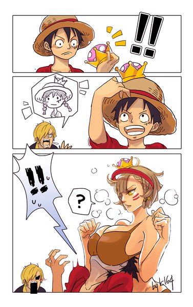 Anime picture 800x1273 with one piece super mario bros. new super mario bros. u deluxe toei animation monkey d. luffy sanji k164 tall image blush fringe short hair breasts open mouth light erotic black hair simple background blonde hair smile hair between eyes large breasts
