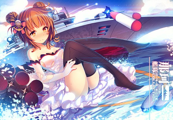 Anime picture 1000x695 with kantai collection naka light cruiser eva200499 single long hair looking at viewer blush light erotic bare shoulders orange hair hair bun (hair buns) orange eyes no shoes character names torn clothes girl thighhighs dress gloves black thighhighs
