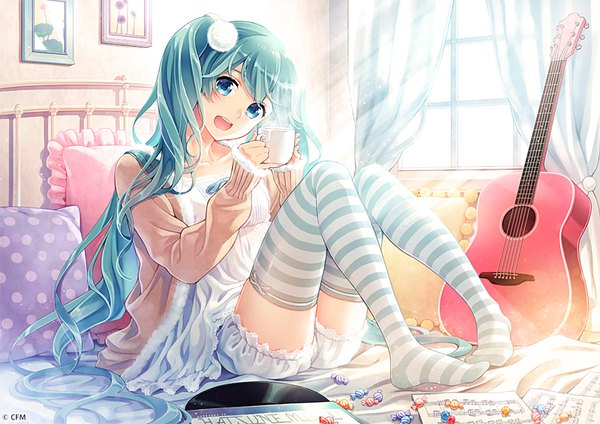 Anime picture 800x566 with vocaloid hatsune miku koyama rikako single looking at viewer open mouth twintails holding full body very long hair head tilt aqua eyes sunlight aqua hair polka dot girl thighhighs food window sweets