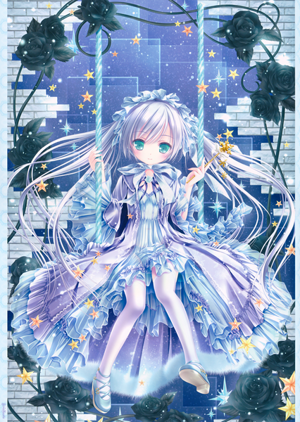 Anime picture 3484x4904 with original tinker bell single long hair tall image looking at viewer blush highres blue eyes light erotic twintails absurdres silver hair full body scan loli lolita fashion thighhighs dress navel