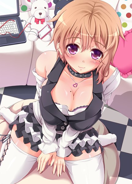 Anime picture 800x1112 with original meme (meropan) melopun single tall image looking at viewer blush fringe short hair breasts light erotic smile brown hair large breasts sitting purple eyes cleavage from above mole zettai ryouiki