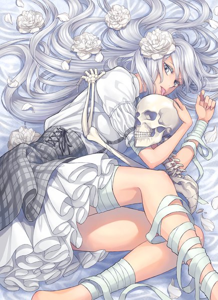 Anime picture 727x1000 with original minami (minami373916) single tall image looking at viewer fringe hair between eyes silver hair bent knee (knees) lying very long hair barefoot hair flower fingernails from above puffy sleeves hug on side plaid skirt silver eyes