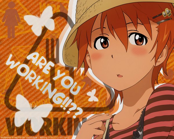 Anime picture 1280x1024 with working!! a-1 pictures inami mahiru single looking at viewer blush fringe short hair hair between eyes brown hair brown eyes upper body parted lips inscription text ? ! girl hair ornament hat