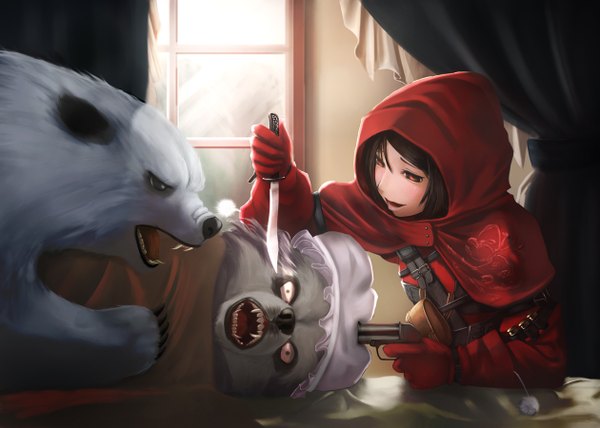 Anime picture 1260x900 with little red riding hood little red riding hood (character) big bad wolf kome (okome-smile) single fringe open mouth black hair red eyes holding lying teeth fang (fangs) screaming girl gloves weapon animal gun hood