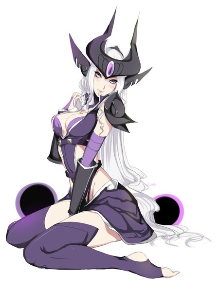 Anime picture 1200x1600 with league of legends syndra kumiko shiba single long hair tall image looking at viewer blush breasts light erotic simple background white background sitting purple eyes lips grey hair wariza arched back girl skirt