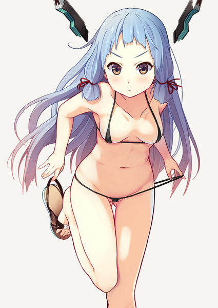 Anime picture 885x1250 with kantai collection murakumo destroyer minase yuu single long hair tall image looking at viewer blush breasts light erotic simple background white background brown eyes blue hair bare belly tress ribbon girl navel ribbon (ribbons) swimsuit