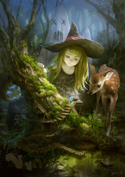 Anime picture 990x1400 with original yuukikuchi long hair tall image blonde hair signed braid (braids) light smile single braid ghost witch girl dress plant (plants) animal tree (trees) water black dress witch hat forest