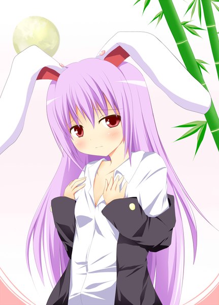 Anime picture 1500x2089 with touhou reisen udongein inaba hyurasan long hair tall image red eyes white background purple hair bunny ears girl plant (plants) shirt bamboo