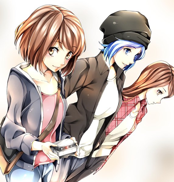 Anime picture 1936x2032 with life is strange chloe price max caulfield rachel amber nakano maru long hair tall image looking at viewer blush fringe highres short hair blue eyes smile brown hair standing multiple girls holding brown eyes blue hair