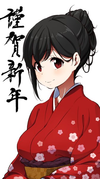 Anime picture 1214x2160 with original ichi-jirushi single long hair tall image looking at viewer blush black hair simple background smile red eyes white background traditional clothes japanese clothes floral print hieroglyph new year nengajou girl kimono