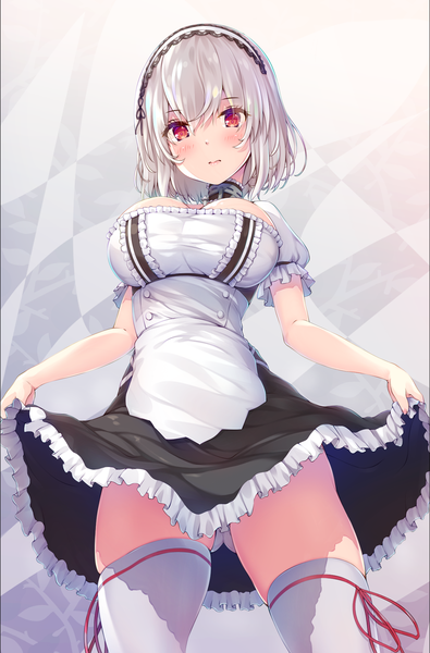 Anime picture 1222x1856 with azur lane sirius (azur lane) akyorapenyo single tall image looking at viewer blush fringe short hair breasts light erotic simple background hair between eyes red eyes large breasts standing payot cleavage silver hair from below