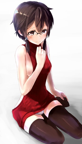 Anime picture 576x1000 with sword art online a-1 pictures asada shino yagni single tall image blush fringe short hair breasts light erotic black hair simple background hair between eyes white background sitting bare shoulders brown eyes payot looking away