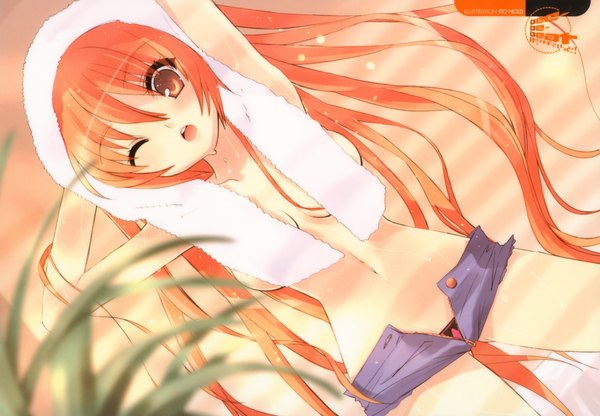 Anime picture 6033x4180 with shakugan no shana j.c. staff shana itou noiji single long hair looking at viewer highres breasts open mouth light erotic brown eyes red hair one eye closed wink scan orange hair no bra official art bare belly