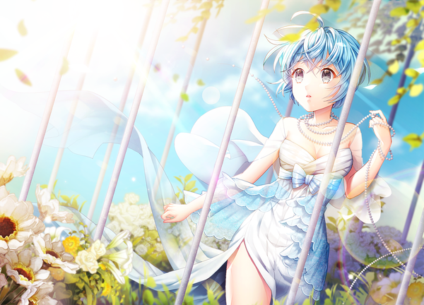 Anime picture 1070x771 with original saban single short hair bare shoulders blue hair looking away wind sunlight grey eyes lens flare girl dress flower (flowers) plant (plants) petals necklace cage