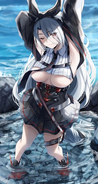 Anime picture 1500x2800 with azur lane prinz heinrich (azur lane) nicky w single tall image looking at viewer blush fringe breasts light erotic smile hair between eyes red eyes large breasts standing silver hair outdoors very long hair head tilt pleated skirt