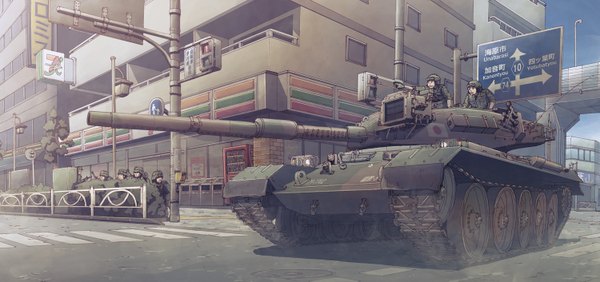 Anime picture 1500x705 with original earasensha wide image military uniform weapon gun building (buildings) military uniform ground vehicle traffic sign pole tank caterpillar tracks