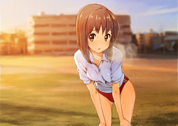 Anime picture 900x636 with original domo1220 single long hair looking at viewer blush fringe short hair open mouth light erotic brown hair brown eyes sunlight shadow leaning leaning forward sunbeam steam girl uniform