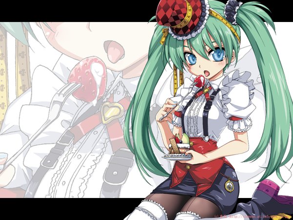 Anime picture 1600x1200 with hotori (sion) highres blue eyes twintails green hair waitress thighhighs hat pantyhose food