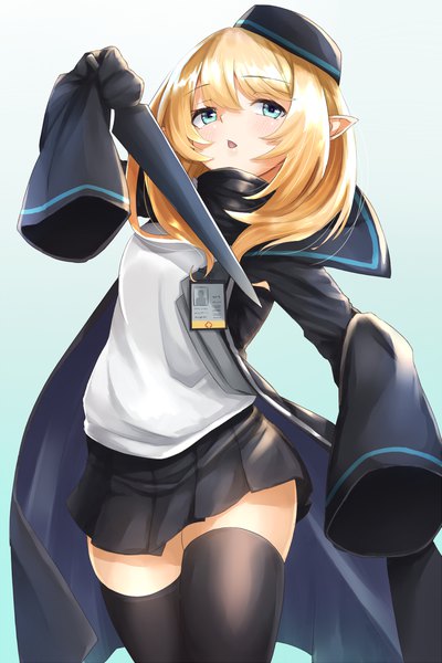 Anime-Bild 900x1350 mit arknights durin (arknights) miimu (nelreg3) single long hair tall image looking at viewer blush fringe open mouth simple background hair between eyes standing holding payot pleated skirt aqua eyes pointy ears wide sleeves :o
