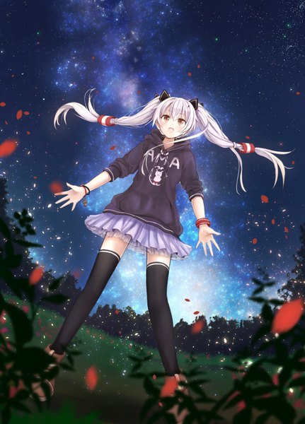 Anime picture 2646x3679 with kantai collection amatsukaze destroyer rensouhou-kun yamiarisu single long hair tall image blush fringe highres open mouth hair between eyes standing twintails brown eyes looking away white hair :d pleated skirt wind