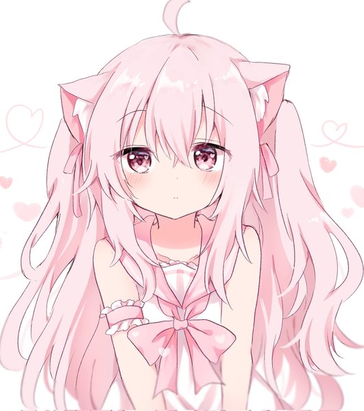 Anime picture 1812x2048 with original kokoshira 0510 single long hair tall image looking at viewer blush fringe highres simple background hair between eyes white background animal ears pink hair upper body ahoge pink eyes cat ears cat girl sleeveless