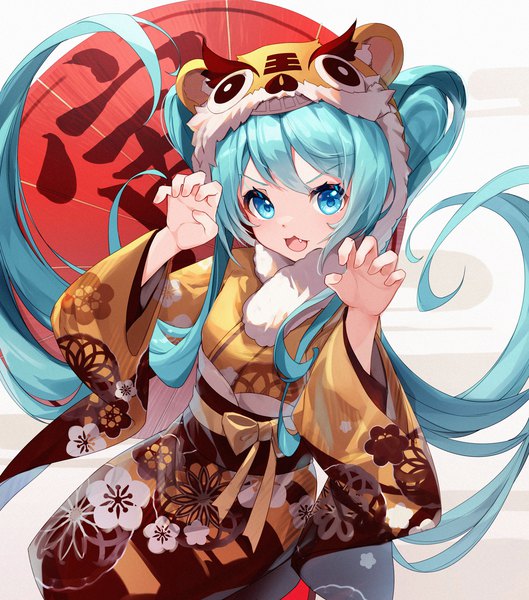 Anime picture 3000x3405 with vocaloid hatsune miku bison cangshu single tall image looking at viewer fringe highres open mouth smile standing twintails very long hair traditional clothes :d japanese clothes aqua eyes aqua hair wide sleeves arms up