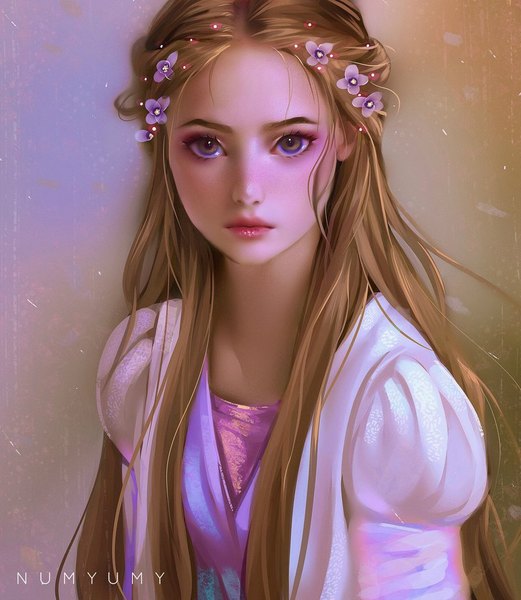Anime picture 800x920 with tangled disney rapunzel numyumy single long hair tall image looking at viewer simple background blonde hair green eyes signed upper body hair flower lips realistic lipstick gradient background portrait eyeshadow