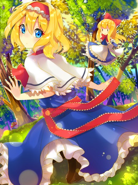 Anime picture 1200x1600 with touhou alice margatroid shanghai solanikieru single tall image fringe short hair blue eyes blonde hair hair between eyes outdoors nail polish looking back blue nail polish girl plant (plants) tree (trees) forest