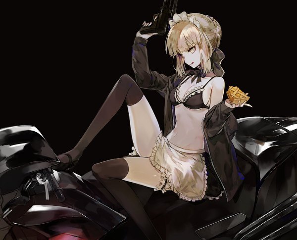 Anime picture 1200x970 with fate (series) fate/grand order artoria pendragon (all) artoria pendragon (alter swimsuit rider) (fate) mo (mocopo) single fringe short hair breasts light erotic simple background blonde hair sitting yellow eyes payot looking away blunt bangs off shoulder open jacket maid