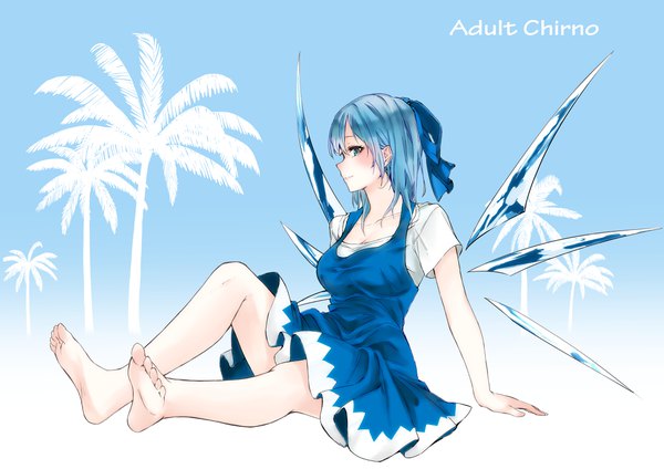 Anime picture 4093x2894 with touhou cirno nagata nagato single looking at viewer highres breasts smile absurdres cleavage full body profile barefoot aqua eyes arm support bare legs short sleeves character names soles alternate age